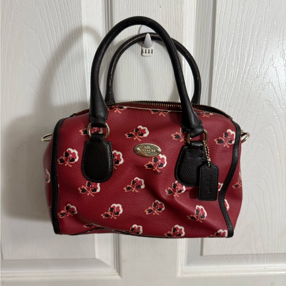 Coach Red Floral Mini Satchel with Black Handles - Picture 2 of 7